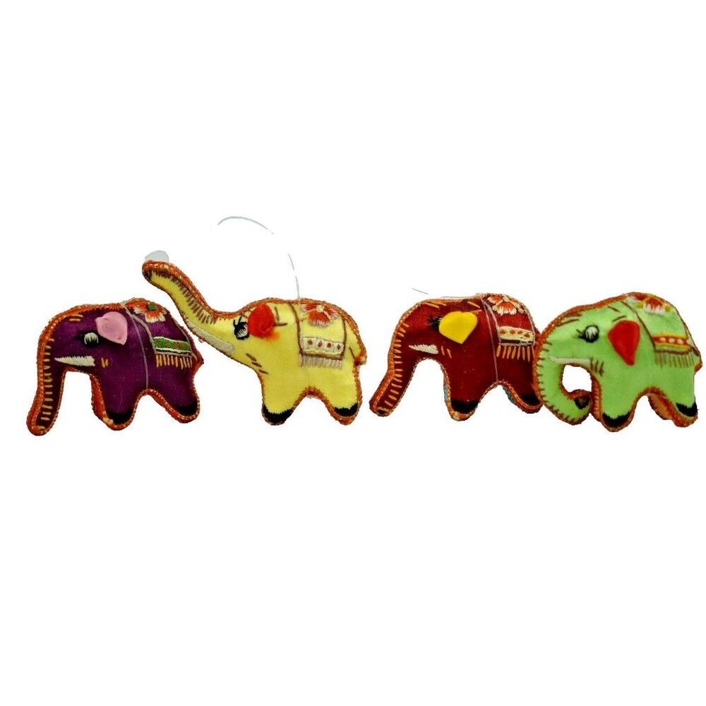 Vintage 4 Piece Embroidered Stuffed Silk Fabric Elephant Decorative Ornament Set